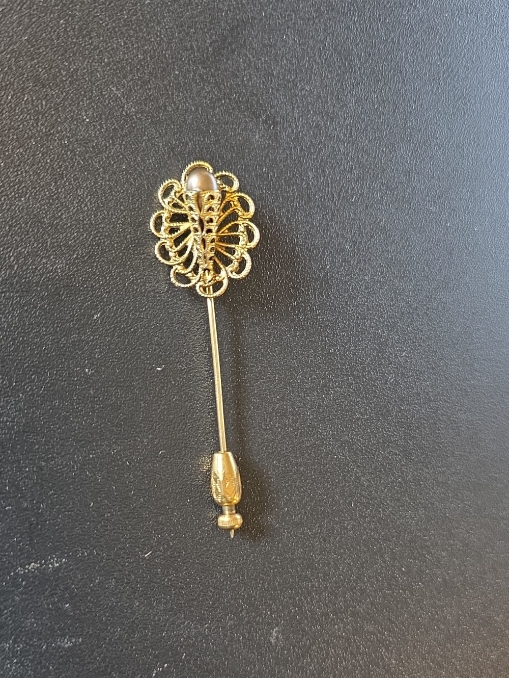 Gold Filigree Stick Pin with Pearl Accent - Antique Women Jewelry